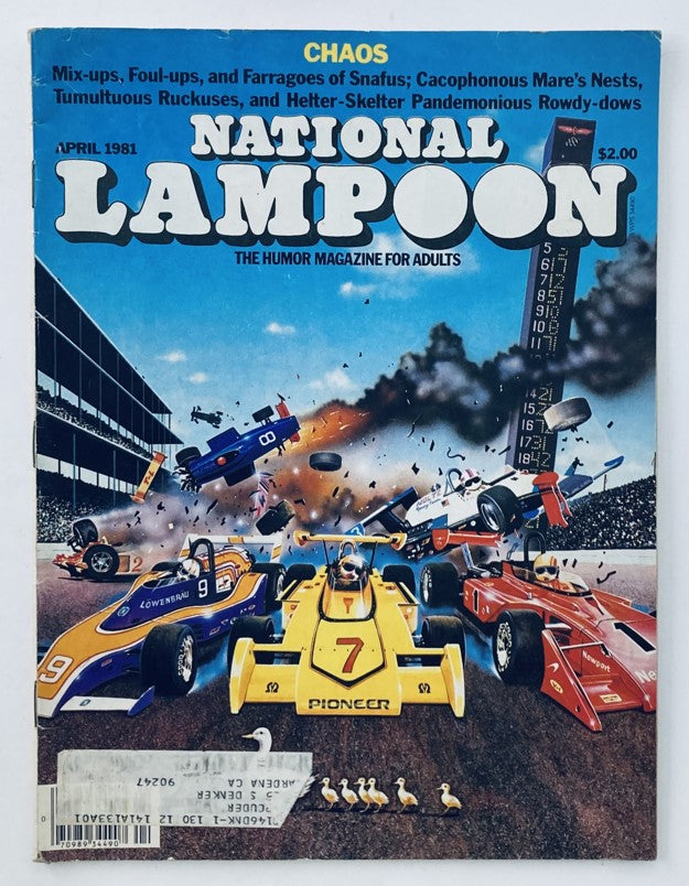Cover of Vintage National Lampoon Magazine April 1981 featuring chaotic race car scene and the title 'Cacophonous Mare's Nests'.