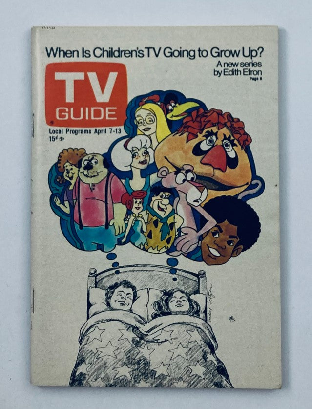 Cover of TV Guide Magazine April 7 1973 #545 featuring various animated characters and the tagline 'When Is Children's TV Going to Grow Up?'.