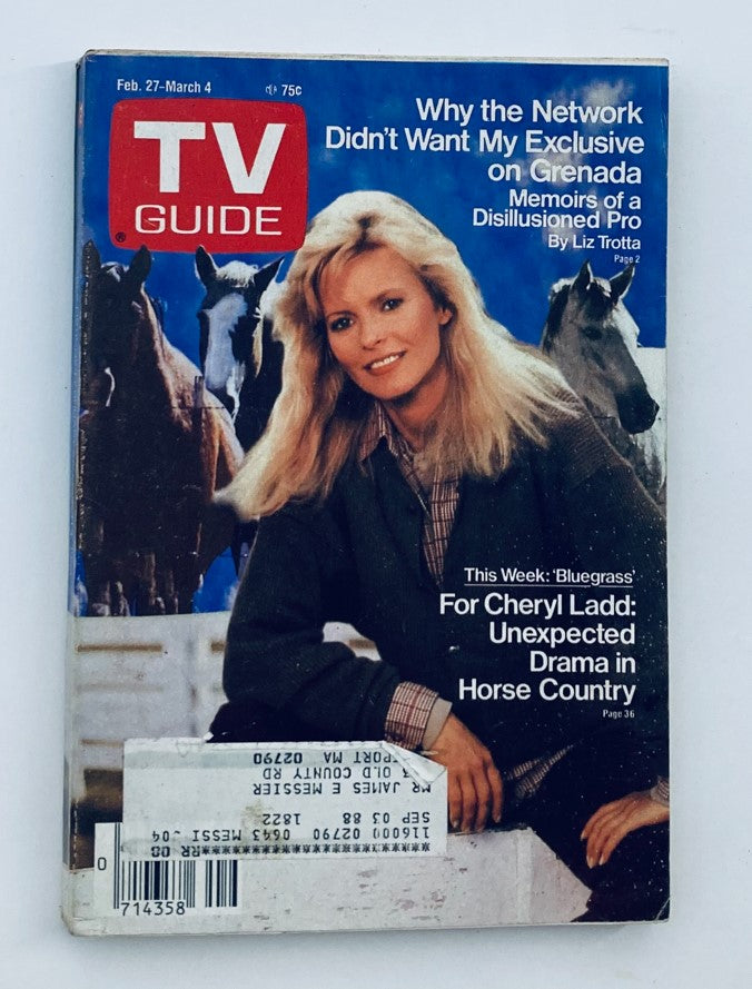 TV Guide Magazine February 27 1988 featuring Cheryl Ladd on the cover, showcasing an article about unexpected drama in Horse Country and highlights of the week's television programming.