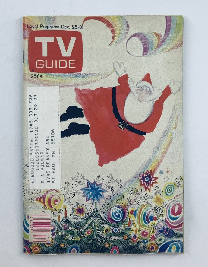 TV Guide Magazine December 25 1976, Issue #1239, featuring Santa Claus in colorful artwork, showcasing the festive spirit and local programming for the Minneapolis-St. Paul area.