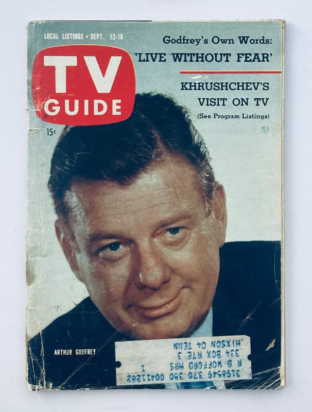 TV Guide Magazine September 12 1959 featuring a close-up of Arthur Godfrey on the cover, showcasing his charismatic smile, and highlighting features like 'LIVE WITHOUT FEAR' and 'KHRUSHCHEV'S VISIT ON TV'.