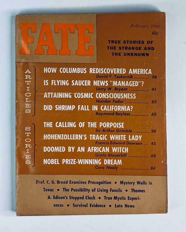 Fate Magazine February 1964 Vol 17 No. 2 cover featuring bold title and article previews on Cosmic Consciousness, UFO management, and other intriguing topics.