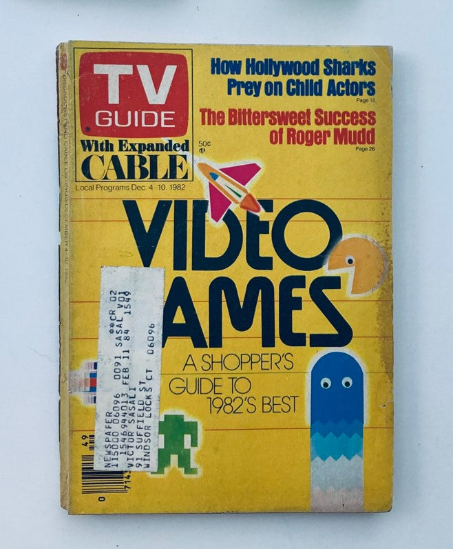 Cover of TV Guide Magazine from December 4, 1982 featuring Roger Mudd with the headline 'The Bittersweet Success of Roger Mudd' and the title 'VIDEO GAMES: A Shopper's Guide to 1982's Best'. Includes colorful graphics and a price of 50 cents.