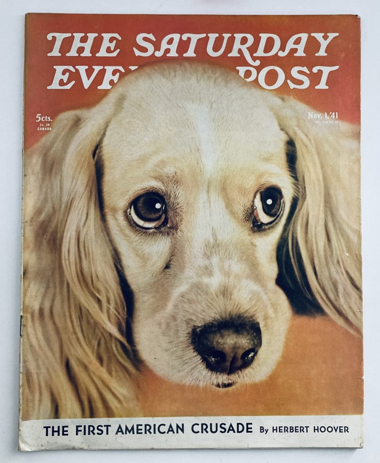 Cover of The Saturday Evening Post Magazine November 1, 1941, featuring a portrait of a cocker spaniel dog, highlighting the theme of the 1st American Crusade.