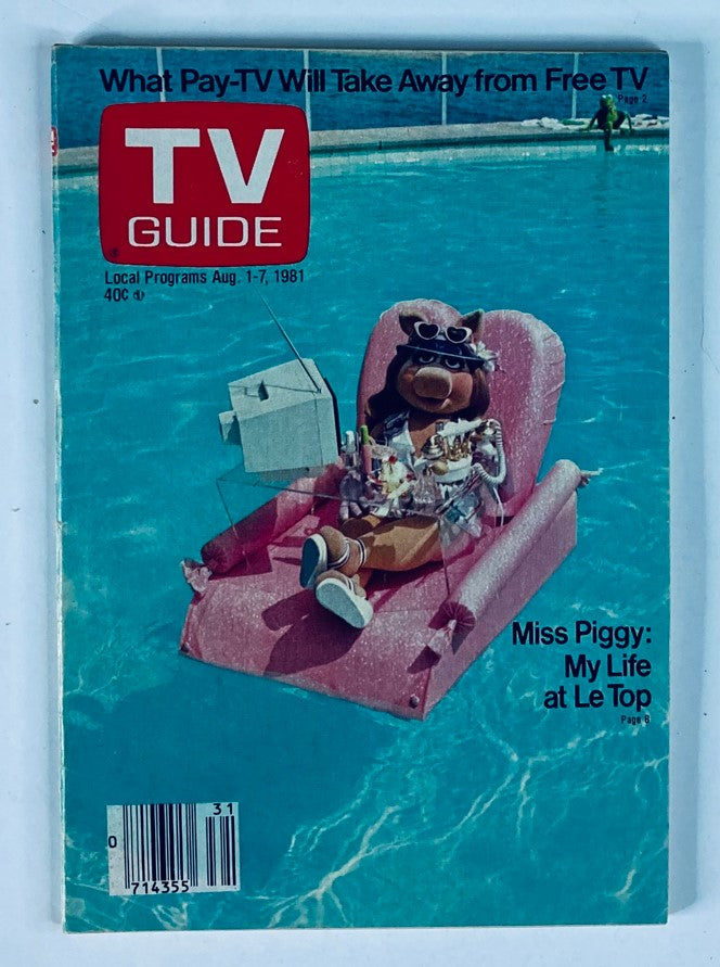 Cover of TV Guide Magazine August 1 1981 #1479 featuring Miss Piggy lounging by a pool on a pink raft, celebrating the whimsical spirit of The Muppet Show.