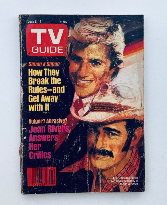TV Guide Magazine June 8 1985 featuring Jameson Parker and Dayton Ed. The cover displays illustrations of the two actors with headlines discussing Simon & Simon and Joan Rivers.