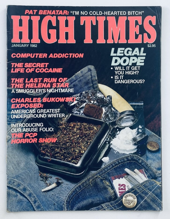 VTG High Times Magazine January 1982 #77 featuring Charles Bukowski Exposed, highlighting articles such as Computer Addiction and Legal Dope, with a vintage design and cover photo.