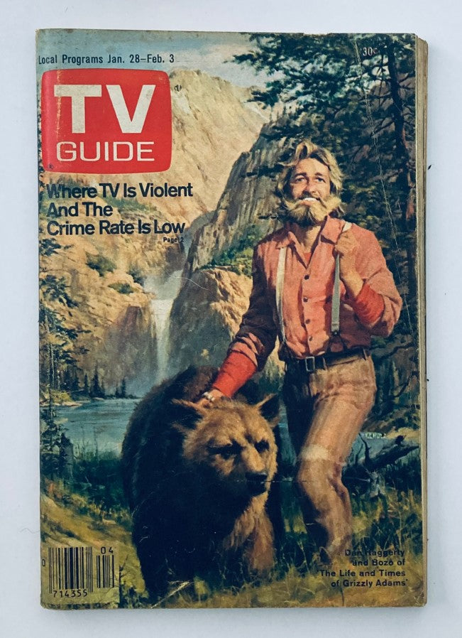 TV Guide Magazine from January 28, 1978, featuring Dan Haggerty on the cover, showcasing a scenic outdoor background with a bear, highlighting television history and nostalgia for collectors.