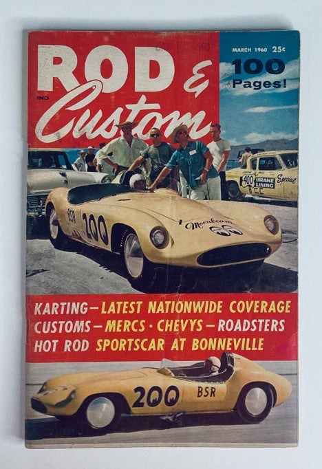 Cover of VTG Rod & Custom Magazine March 1960 featuring a hot rod sportscar at Bonneville and articles about karting and custom cars.