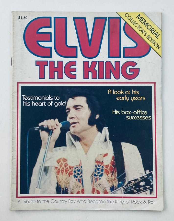 Cover of VTG 1977 Elvis the King Memorial Collector's Edition featuring Elvis Presley, showcasing the singer on stage with a microphone, celebrating his legacy.