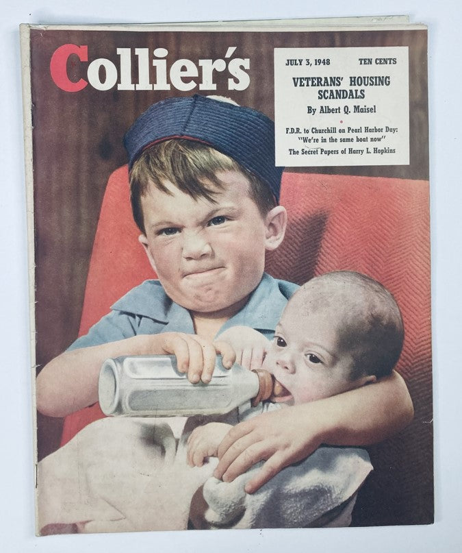 Cover of VTG Collier's Magazine July 3 1948, featuring a young boy with a fierce expression holding a baby and a baby bottle on the front cover.