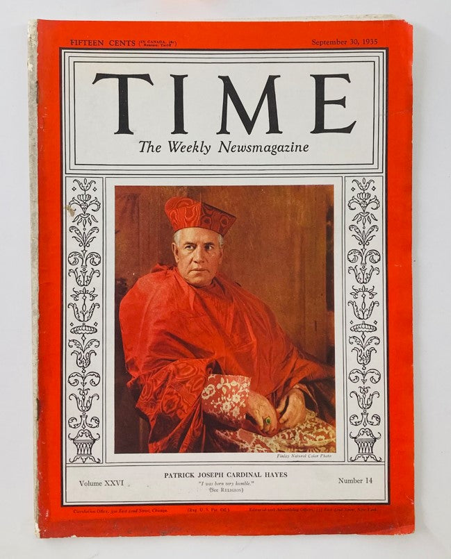 Vintage Time Magazine from September 30, 1935, Volume 26, Number 14 featuring Patrick Joseph Cardinal Hayes in an elegant red robe, showcasing the magazine's cover design and historical significance.