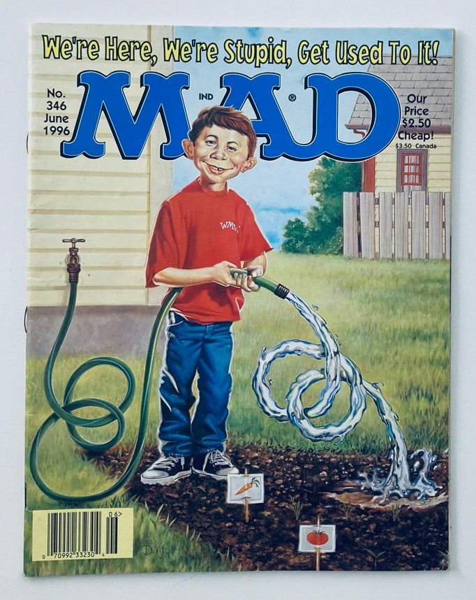 Cover of Mad Magazine June 1996 #346 titled 'Heirlooms of the Future', featuring a young boy watering plants with a garden hose, humorously depicting the magazine's quirky satirical style. The price is listed as $2.50.