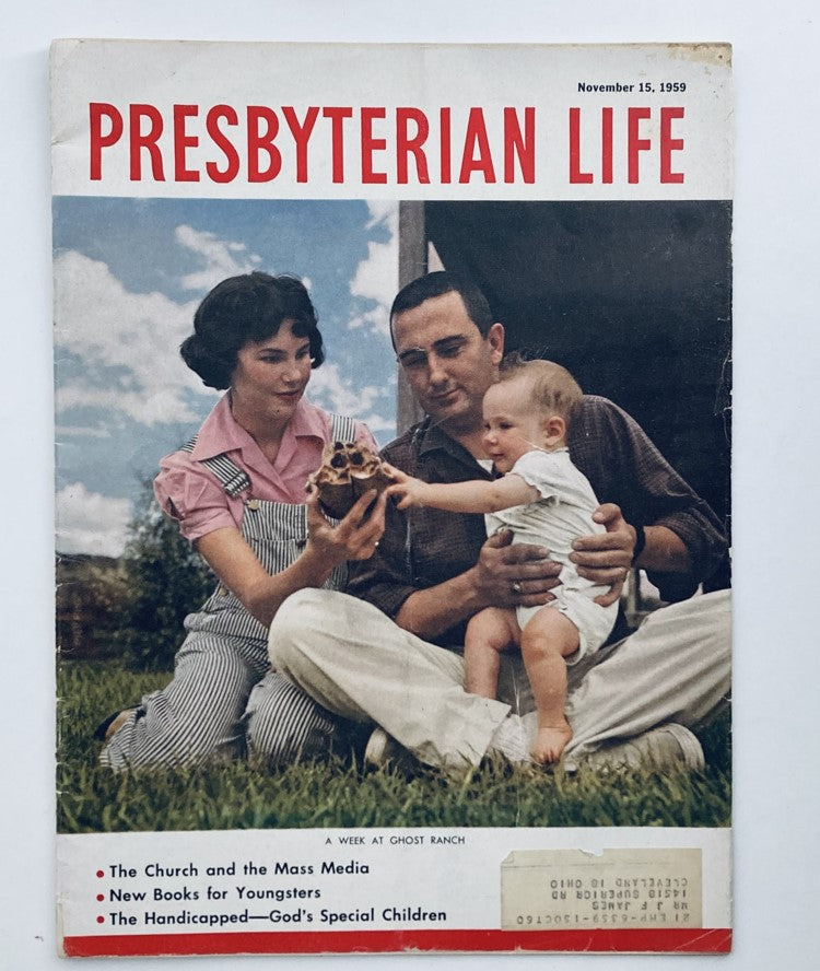 VTG Presbyterian Life Magazine November 15 1959 featuring a family on the cover, including a man, woman, and child. The cover artwork is by Donna Rene Camp and highlights themes such as 'A Week at Ghost Ranch' and community engagement.
