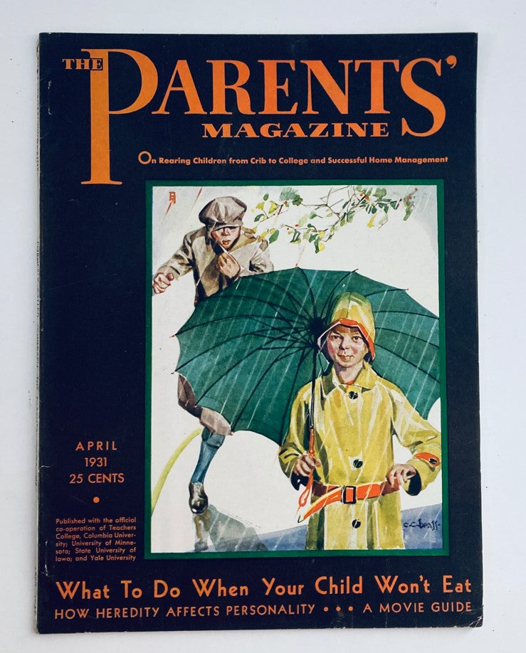 Cover of VTG The Parents' Magazine, April 1931, featuring children in raincoats with an umbrella, themed around Rainy Day Psychology.