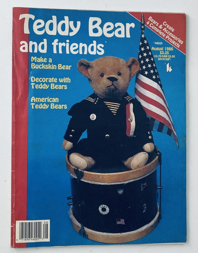 Cover of the Vintage Teddy Bear & Friends Magazine from August 1986, featuring a bear dressed in military attire sitting on a drum, with an American flag in the background. This collectible issue highlights teddy bear culture and activities.