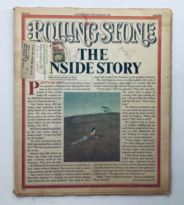 Cover of VTG Rolling Stone Magazine dated October 23, 1975, featuring Patty Hearst as the central theme. The magazine includes detailed articles and photographs encapsulating the cultural landscape of the 1970s.