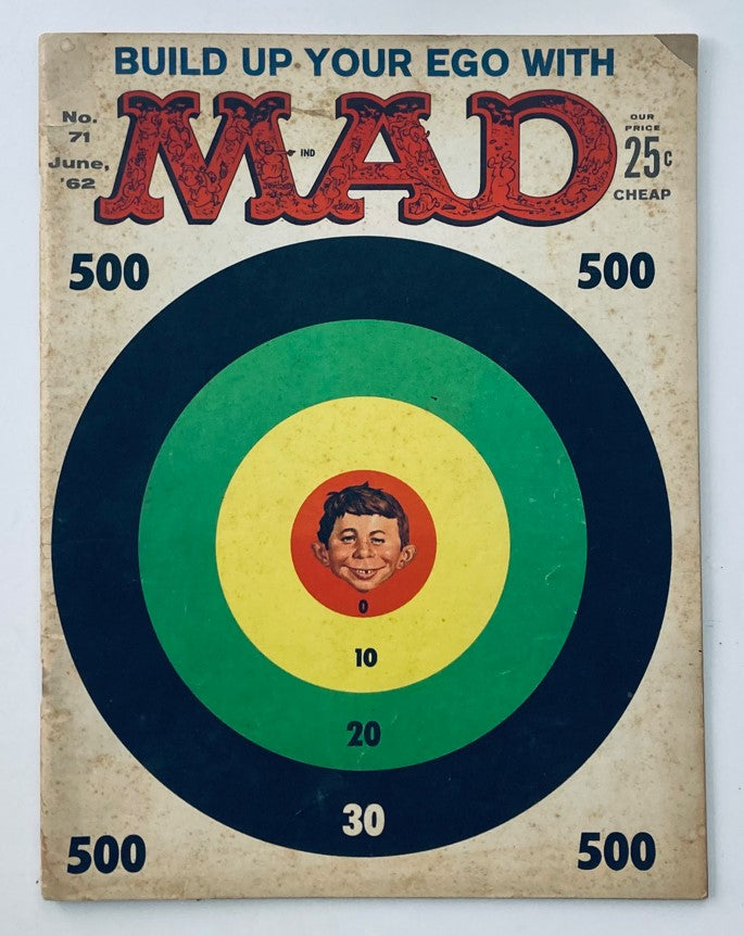 Cover of Mad Magazine June 1962 No. 71 featuring the title 'Build Up Your Ego with Mad' and an illustration of a smiling boy in a dartboard design.