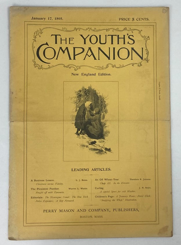 Cover of VTG The Youth's Companion Magazine dated January 17, 1895, featuring an illustration related to the story 'Persistent Panther', published by Perry Mason and Company.