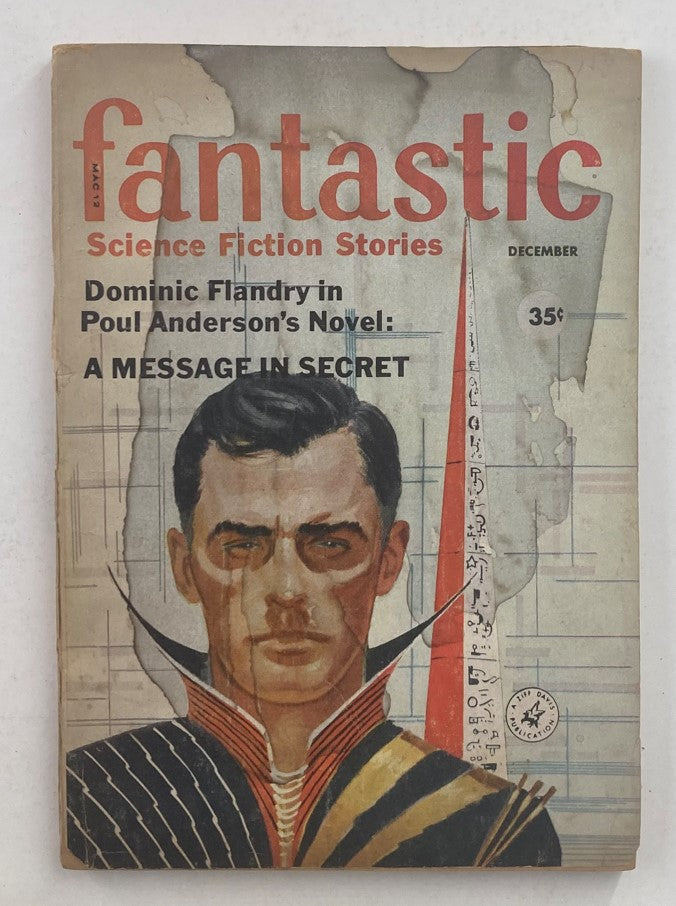 Cover of Fantastic Science Fiction Stories December 1959, featuring the title 'A Message in Secret' by Poul Anderson, featuring an artistic depiction of a man with a serious expression.