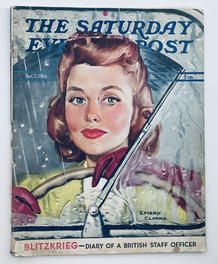 Cover of The Saturday Evening Post Magazine December 7, 1940 featuring a woman with retro hairstyle, titled 'Supercharged Harmony' with artwork by Emery Clarke.