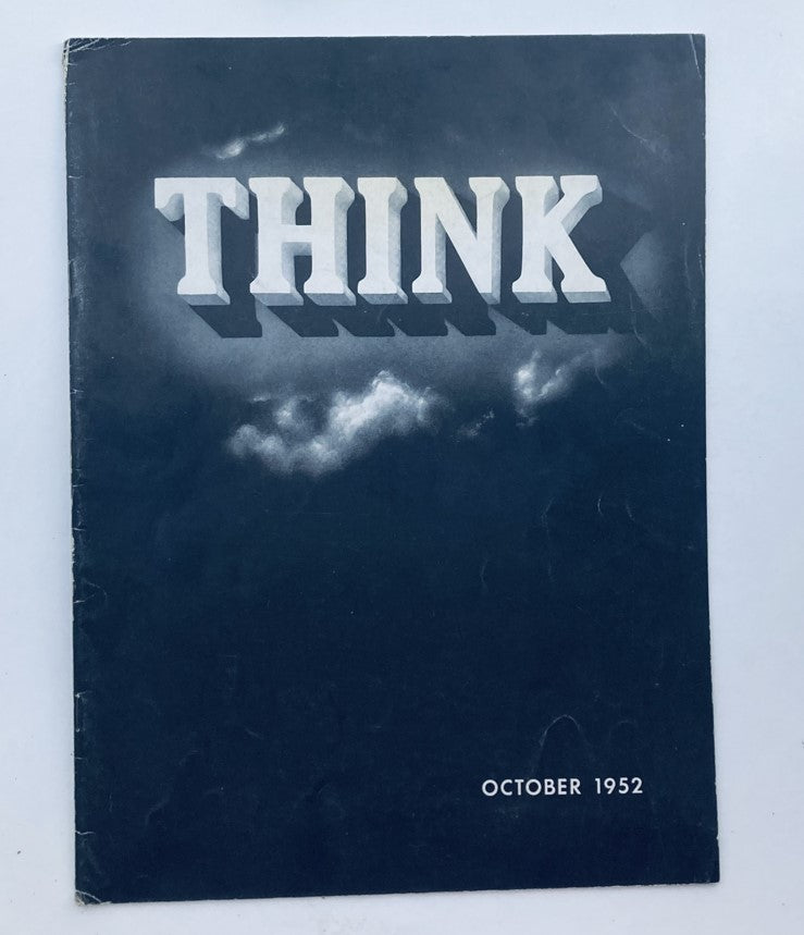 Cover of VTG Think Magazine October 1952 Vol 18 No. 10, featuring the title 'THINK' prominently displayed against a cloudy background, illustrating the theme 'Gas and Its Uses'.