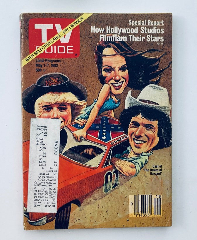 Cover of TV Guide Magazine from May 1, 1982 featuring the cast of The Dukes of Hazzard, highlighting iconic characters with vibrant artwork.