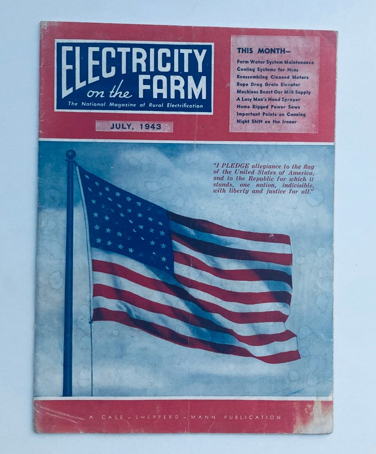 Cover of the VTG Electricity on the Farm Magazine, July 1943 edition, featuring an American flag and highlighting articles on cooling systems for hens and farm water system maintenance.
