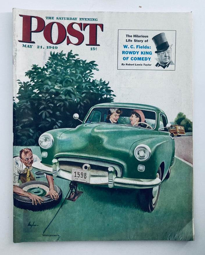 Cover of The Saturday Evening Post Magazine dated May 21, 1949, featuring a vibrant illustration of a green car and characters enjoying a humorous moment, highlighting WC Fields as the Comedy King.