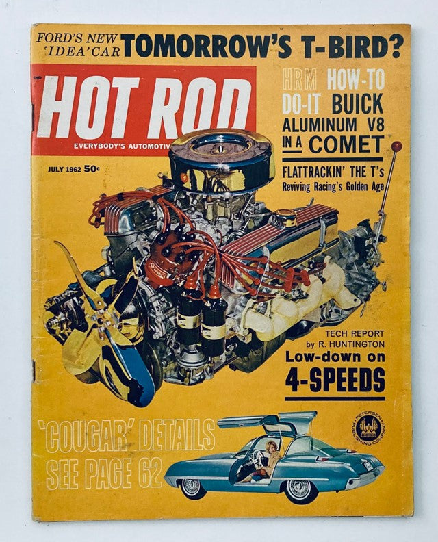VTG Hot Rod Magazine July 1962 Vol 15 No. 7 cover featuring a colorful illustration of a engine and the text 'Low-down on 4-Speeds'.