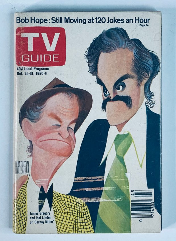 Vintage TV Guide magazine cover from October 25, 1980, featuring caricatures of James Gregory and Hal Linden, highlighting popular local programs and Bob Hope's comedic legacy.