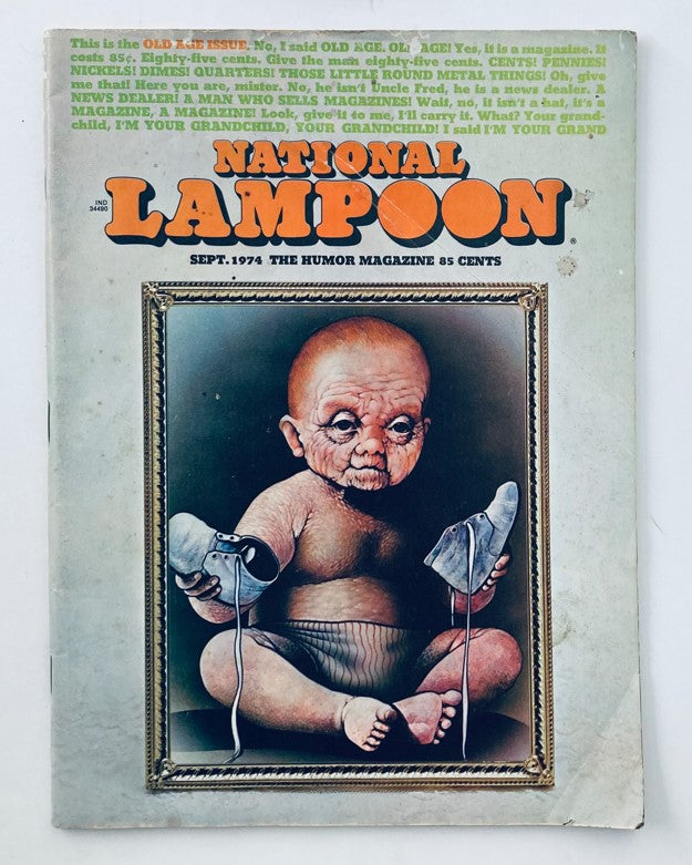 Cover of Vtg National Lampoon Magazine September 1974 Vol 1 No 54 Safari Safety, featuring a humorous illustration of a baby holding shoes.