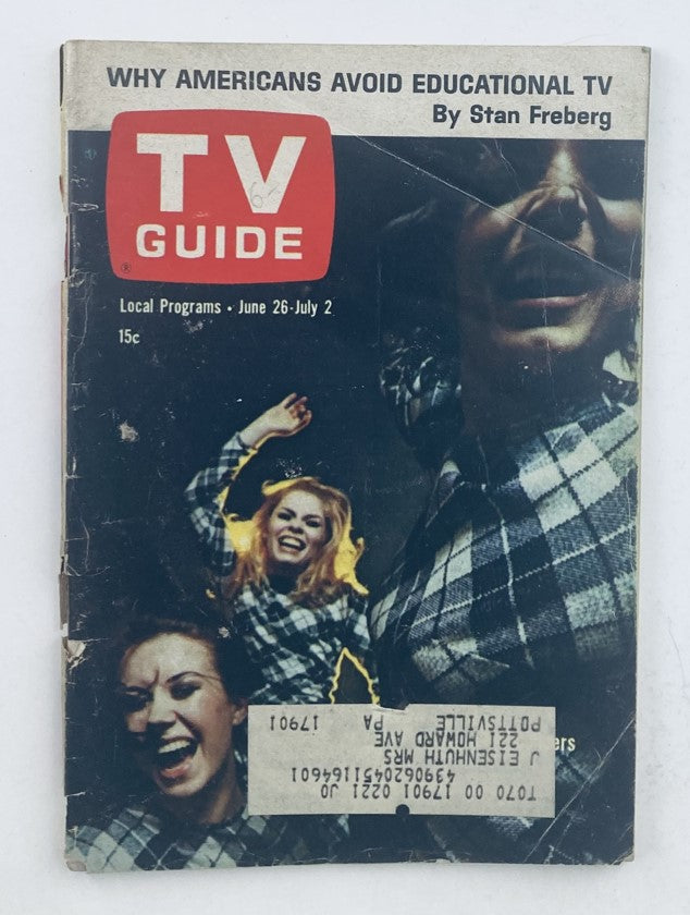 TV Guide Magazine Cover from June 26, 1965 featuring captivating graphics and articles discussing television programs of the era, including the headline 'WHY AMERICANS AVOID EDUCATIONAL TV' by Stan Freberg.