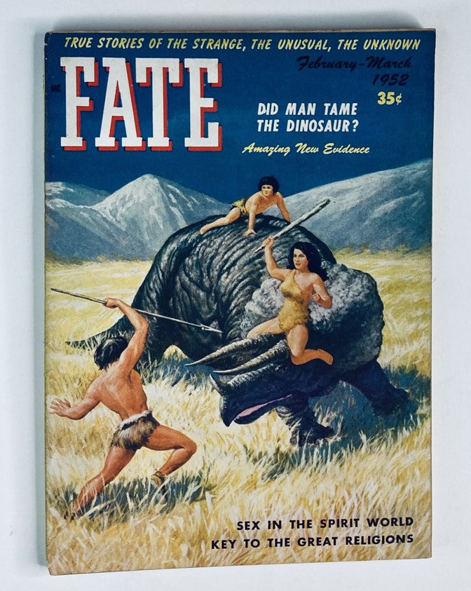Fate Magazine February 1952 Vol 5 No. 2 featuring cover art on the theme 'Key To The Great Religions' with two prehistoric figures battling a dinosaur in a vibrant landscape.