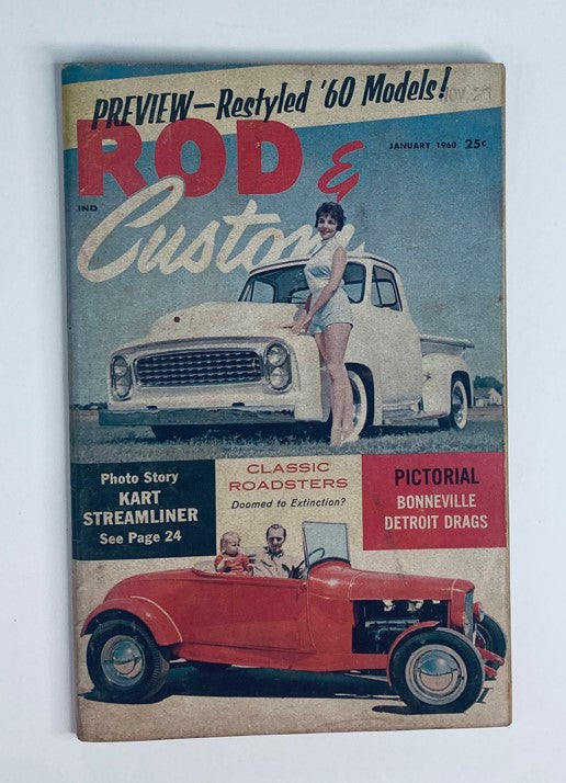 Cover of VTG Rod & Custom Magazine January 1960 featuring a photo story on Kart Streamliner, classic cars, and a vintage model posing beside a truck.