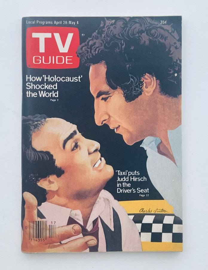 TV Guide Magazine April 28 1979 featuring Judd Hirsch and Danny DeVito, highlighting the show 'Taxi' with a prominent image of the two actors on the cover.