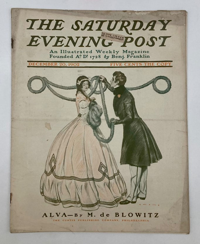 Saturday Evening Post Illustrated Cover December 20 1902 featuring a couple in historical attire with decorative rope. Artwork by Alva Good.