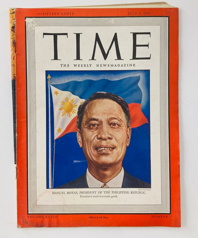 VTG Time Magazine July 8 1946 featuring Manuel Roxas, President of the Philippines, with a portrait and the Philippine flag on the cover.