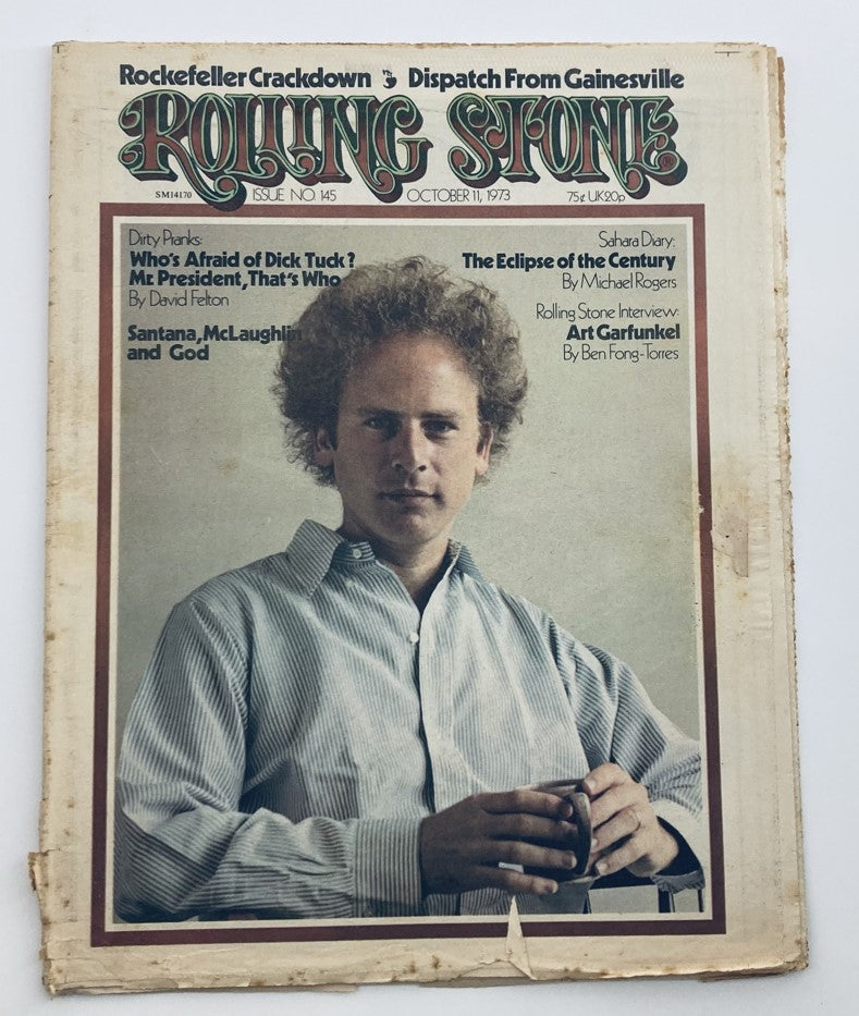 VTG Rolling Stone Magazine October 11 1973 No. 145 featuring Art Garfunkel on the cover, showcasing the legendary musician in a striped shirt, capturing the essence of 1970s rock music culture.