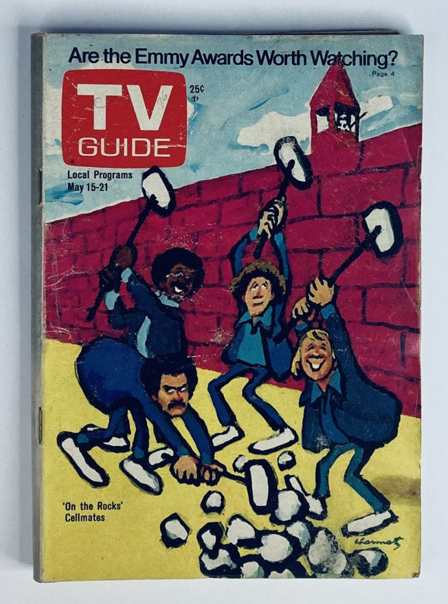 Cover of TV Guide Magazine May 15 1976 Issue #1207 featuring an illustrated depiction of characters working on a wall, exploring themes related to Emmy Awards, pop culture, and television history.