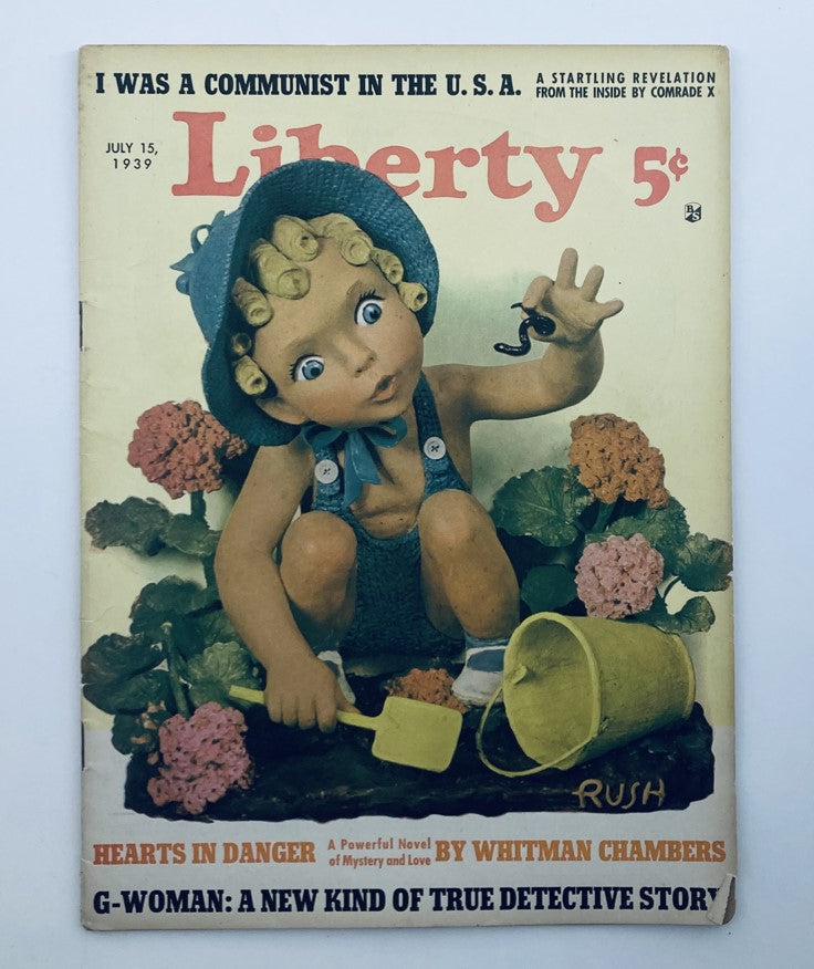 VTG Liberty Magazine July 15 1939 cover featuring a young child in a blue outfit holding a snake amidst colorful flowers, highlighting the lead story 'I Was A Communist in the U.S.A.'