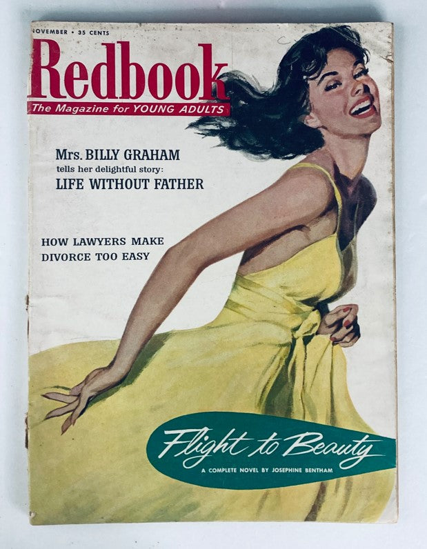 Vintage Redbook Magazine cover from November 1955 titled 'VTG Redbook Magazine November 1955 Vol 106 No. 1 Mrs. Billy Graham No Label' featuring a woman in a yellow dress and the headline about Mrs. Billy Graham's story.