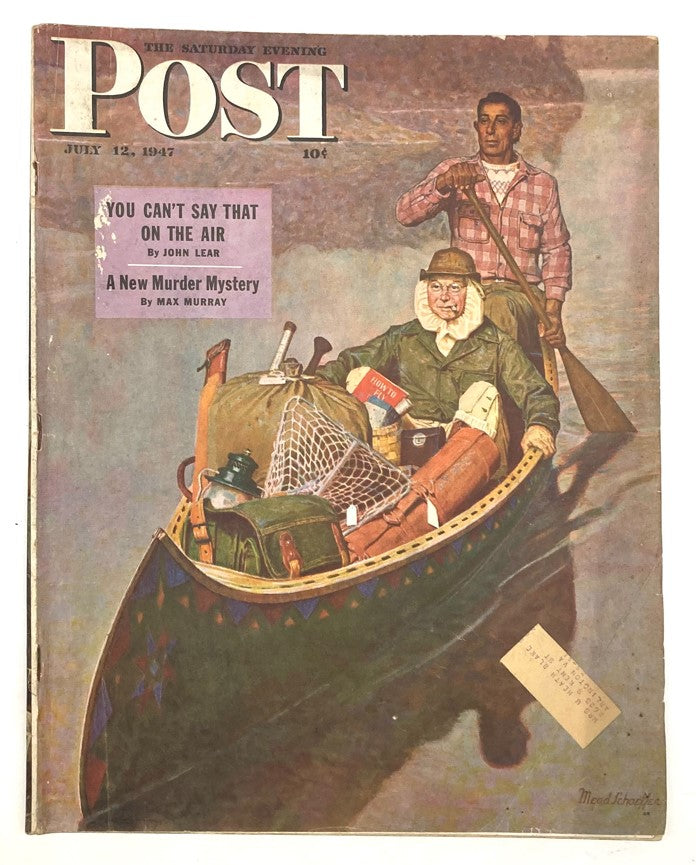 Illustrated cover of the Saturday Evening Post Magazine from July 12, 1947, featuring artwork by Mead Schaeffer depicting a canoe scene with two men, showcasing vintage Americana.