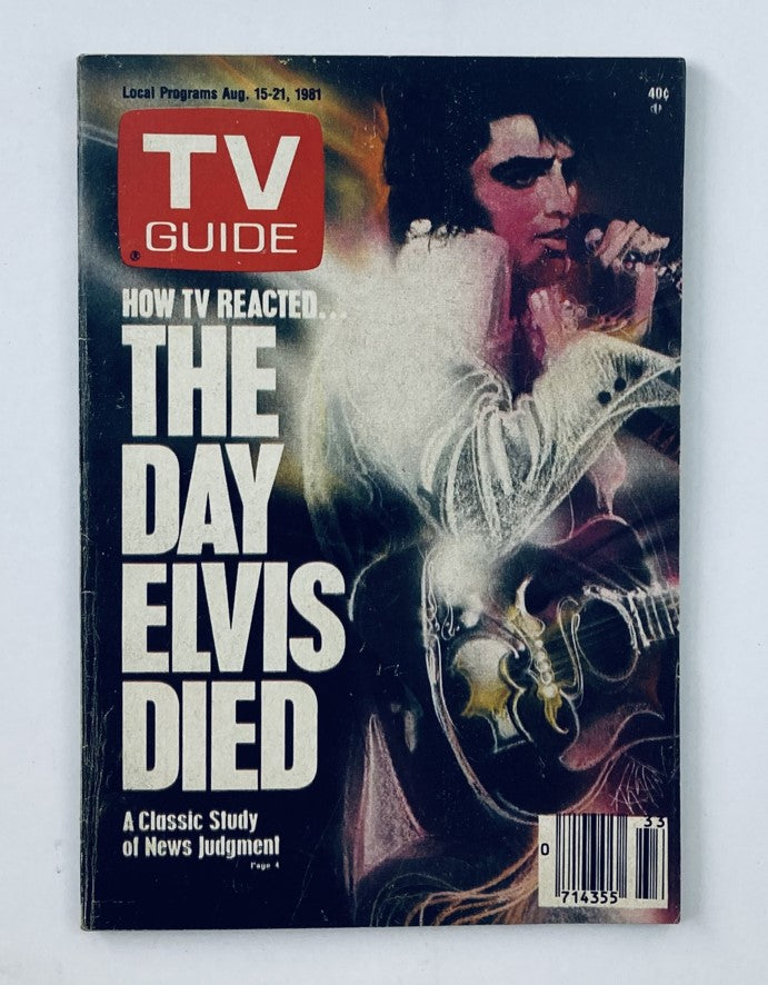 TV Guide Magazine August 15 1981 featuring Elvis Presley on the cover, titled 'HOW TV REACTED..THE DAY ELVIS DIED', showcasing nostalgic television history.