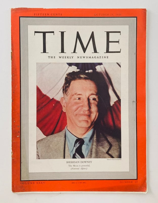 Vintage Time Magazine cover from October 24, 1938 featuring Senator Sheridan Downey, Volume 32, Number 17.