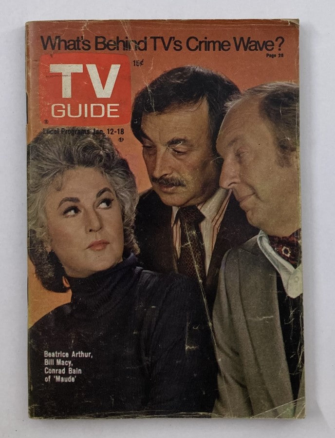 TV Guide Magazine January 12 1974 #1085 cover featuring Beatrice Arthur, Bill Macy, and Conrad Bain with the headline 'What's Behind TV's Crime Wave?' highlights classic television history.