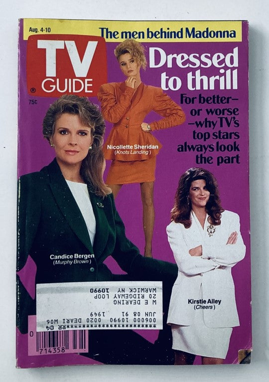 TV Guide Magazine August 4 1990 featuring Kirstie Alley and Candice Bergen on the cover. The magazine highlights icons of television history with a theme entitled 'Dressed to thrill'.