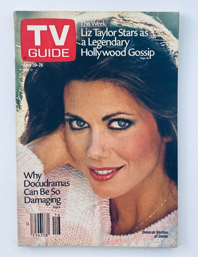 Cover of TV Guide Magazine April 20 1985 featuring Deborah Shelton, showcasing an article about Liz Taylor. This vintage magazine highlights television history from the 1980s.