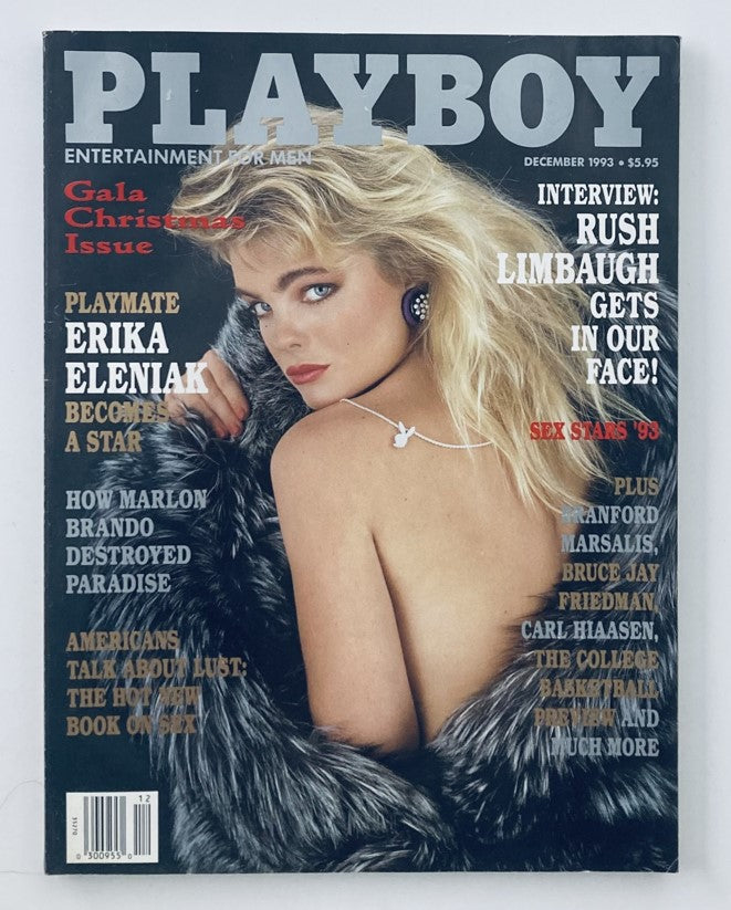 Cover of Playboy Magazine December 1993 featuring Playmate Erika Eleniak, highlighting a Gala Christmas theme and includes interviews and cultural articles from the era.