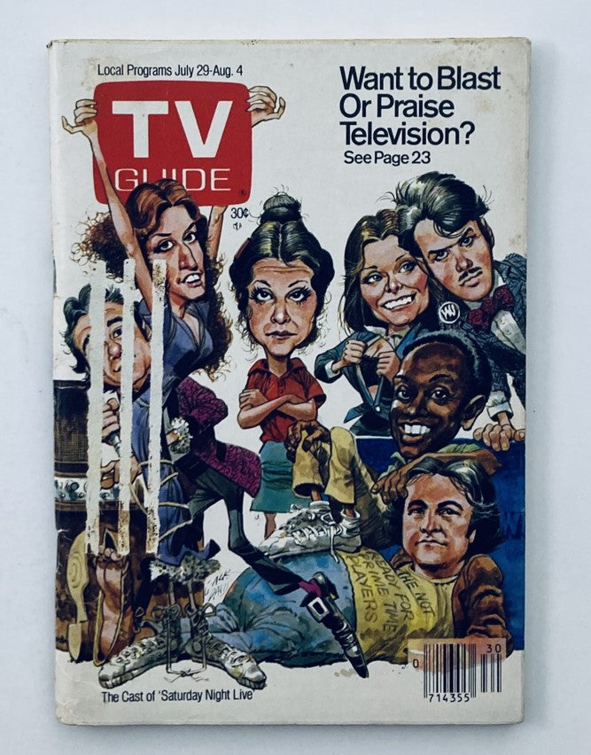 TV Guide Magazine July 29 1978 issue cover featuring caricatures of the cast from 'Saturday Night Live', showcasing Bill Murray and others, reflecting the show's comedic style from the late 1970s.